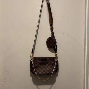 Brown Checker Pattern Crossbody Bag with Coin Pouch